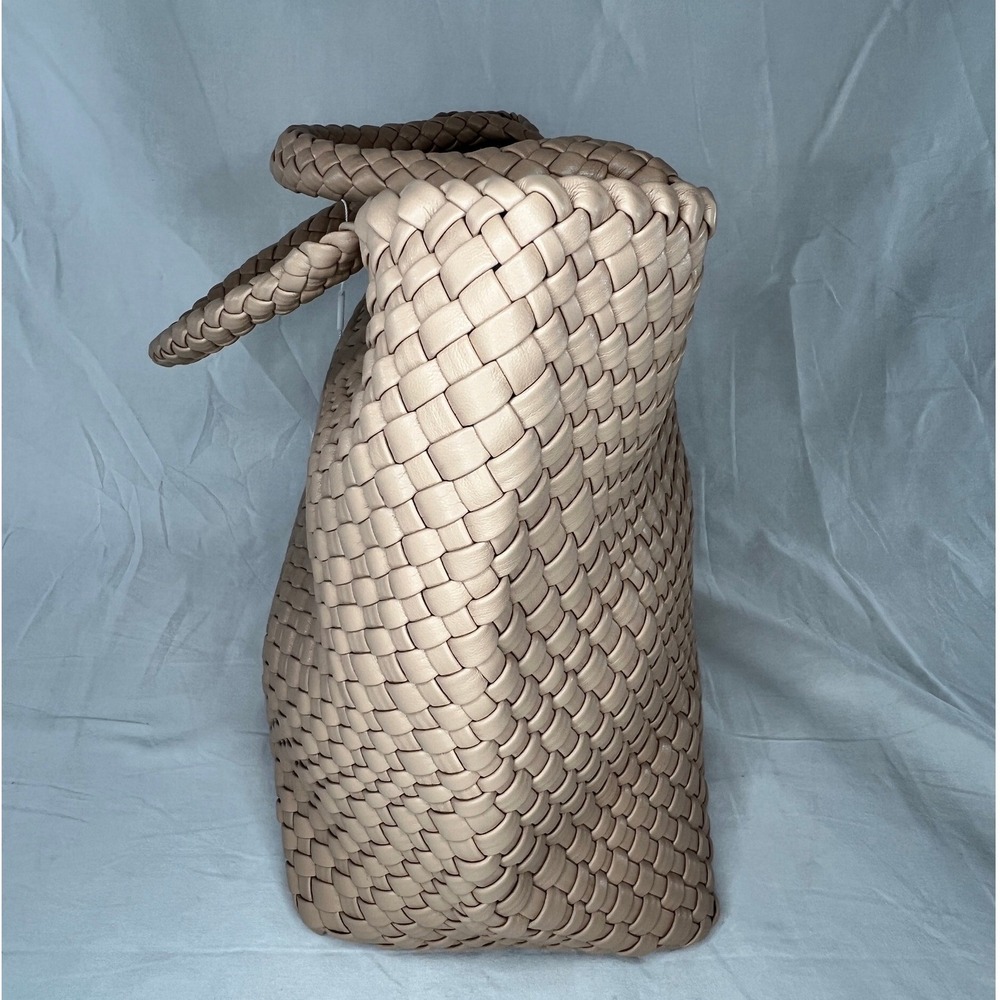 leather woven tote bag tan basket‎ weave shoulder handbag queenoris NWT - Picture 3 of 10